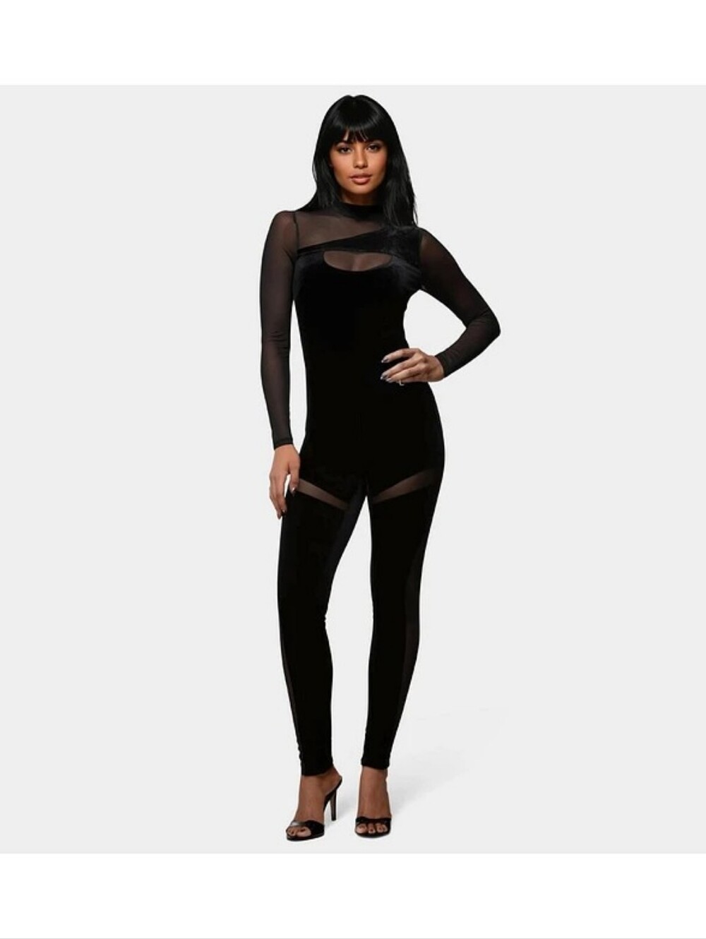 BEBE x Ciara Black Velvet & Mesh Long-Sleeve Jumpsuit XS